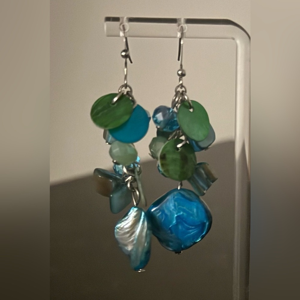 Colorful Teal Abalone & Sea Glass Dangle Earrings | Ocean-Inspired Statement - Picture 2 of 7